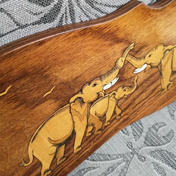 Vintage Handmade Marquetry Wooden Elephant Wall Picture 14"x6" Etched Carved - Picture 5 of 14